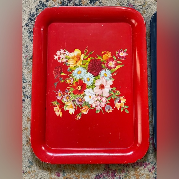 Vintage Lot Of 3 Tin Metal Floral Decorated Serving Trays Retro Kitchen - Picture 2 of 5